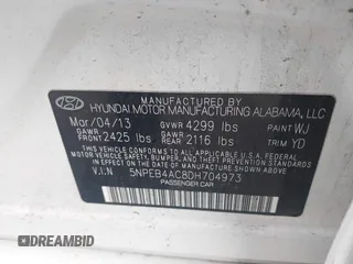 2013 Hyundai Sonata GLS with VIN 5NPEB4AC8DH704973, listed as a IAAI auction lot 41161470 with 127,902 mi miles and . Bid and sale history available at DreamBid. Image 5.