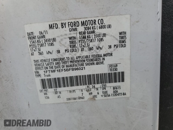 2011 Ford F-150 XL with VIN 1FTMF1EF5BFB96021, listed as a Copart auction lot 63515435 with Not provided miles and Salvage title. Bid and sale history available at DreamBid. Image 12.