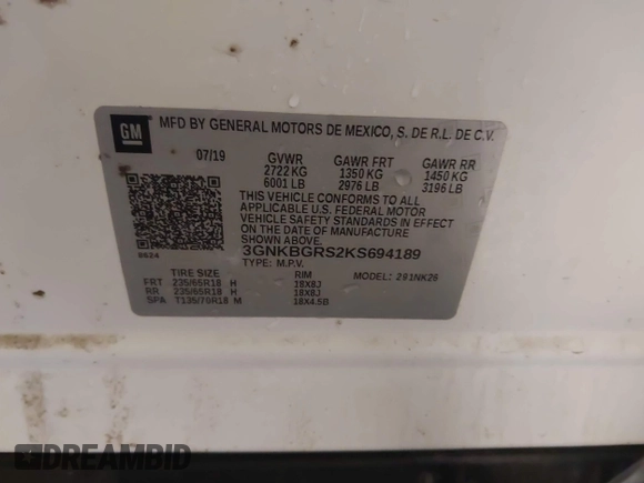 2019 Chevrolet Blazer с VIN 3GNKBGRS2KS694189, выставлен на аукционе IAAI как лот 42248068 с пробегом 65 442 миль миль и . История ставок и продаж доступна на DreamBid. Изображение 9.