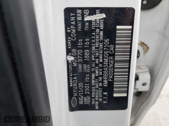 2021 Hyundai Venue SE with VIN KMHRB8A34MU067106, listed as a Copart auction lot 50982945 with 92,455 mi miles and Salvage Title. Bid and sale history available at DreamBid. Image 14.