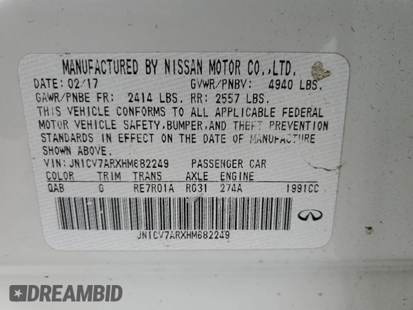 2017 Infiniti Q50 2.0t with VIN JN1CV7ARXHM682249, listed as a Copart auction lot 49639315 with 71,362 mi miles and Salvage Title. Bid and sale history available at carsss.com. Image 12.