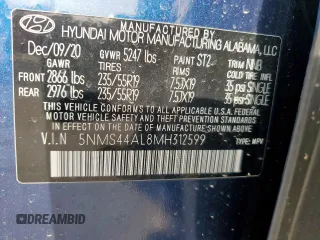 2021 Hyundai Santa Fe Limited with VIN 5NMS44AL8MH312599, listed as a Copart auction lot 50538215 with 66,483 mi miles and Salvage Title. Bid and sale history available at carsss.com. Image 12.