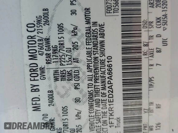 2010 Ford Ranger XL z VIN 1FTKR1ED2APA66610, wystawiony jako Copart lot #64463995 z przebiegiem 146 919 mil mil oraz Szkoda całkowita • Salvage title. Historia ofert i sprzedaży dostępna na DreamBid. Obrazek 13.