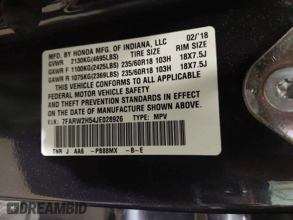 2018 Honda CR-V EX with VIN 7FARW2H54JE028926, listed as a IAAI auction lot 41976417 with 161,071 mi miles and . Bid and sale history available at DreamBid. Image 9.