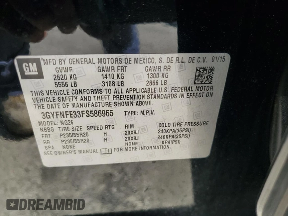 2015 Cadillac SRX Performance Collection with VIN 3GYFNFE33FS586965, listed as a Copart auction lot 54919505 with 93,810 mi miles and Salvage title. Bid and sale history available at DreamBid. Image 13.