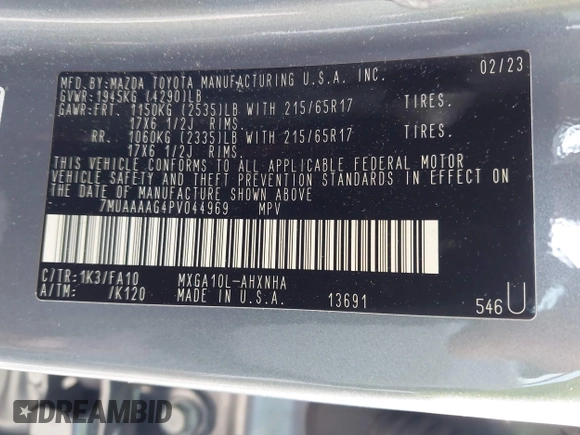 2023 Toyota Corolla Cross L with VIN 7MUAAAAG4PV044969, listed as a IAAI auction lot 42388727 with 26,071 mi miles and . Bid and sale history available at DreamBid. Image 9.