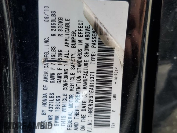 2014 Honda Accord Sport with VIN 1HGCR2F51EA019371, listed as a Copart auction lot 57385995 with 217,232 mi miles and Clean Title. Bid and sale history available at DreamBid. Image 12.