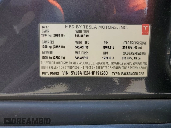 2017 Tesla Model S 100D with VIN 5YJSA1E24HF191280, listed as a Copart auction lot 62598095 with 57,262 mi miles and Clean title. Bid and sale history available at DreamBid. Image 12.