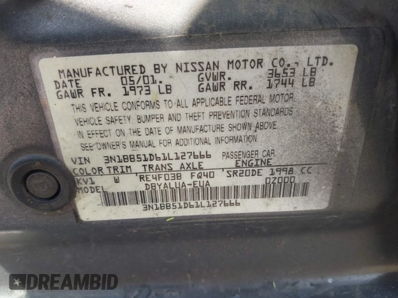 2001 Nissan Sentra SE z VIN 3N1BB51D61L127666, wystawiony jako IAAI lot #42400126 z przebiegiem 190 345 mil mil oraz . Historia ofert i sprzedaży dostępna na DreamBid. Obrazek 9.