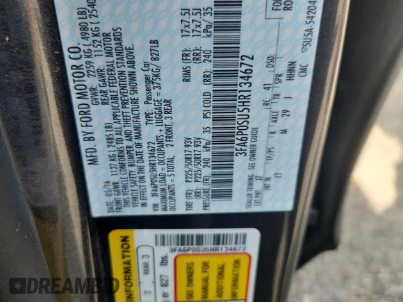 2017 Ford Fusion Titanium with VIN 3FA6P0SU5HR134672, listed as a Copart auction lot 64281645 with 97,284 mi miles and Clean title. Bid and sale history available at DreamBid. Image 13.