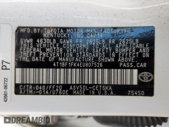 2014 Toyota Camry L with VIN 4T1BF1FK4EU807526, listed as a Copart auction lot 54195125 with 168,724 mi miles and Salvage Title. Bid and sale history available at carsss.com. Image 13.
