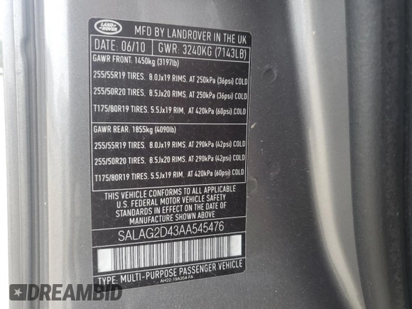 2010 Land Rover LR4 HSE с VIN SALAG2D43AA545476, выставлен на аукционе Copart как лот 83544424 с пробегом 143 052 миль миль и Списание • Salvage title. История ставок и продаж доступна на DreamBid. Изображение 12.