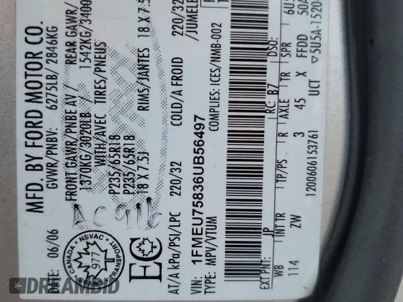 2006 Ford Explorer Limited с VIN 1FMEU75836UB56497, выставлен на аукционе Copart как лот 60103495 с пробегом 214 112 миль миль и Списание • Salvage title. История ставок и продаж доступна на DreamBid. Изображение 13.