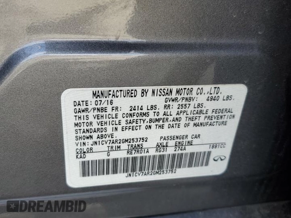 2016 Infiniti Q50 2.0t Premium with VIN JN1CV7AR2GM253752, listed as a Copart auction lot 43245065 with 80,320 mi miles and Salvage Title. Bid and sale history available at carsss.com. Image 12.