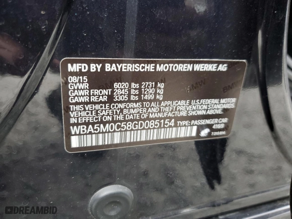 2016 BMW 5 Series Gran Turismo 550i xDrive with VIN WBA5M0C58GD085154, listed as a Copart auction lot 88344785 with 83,103 mi miles and Salvage Title. Bid and sale history available at carsss.com. Image 14.