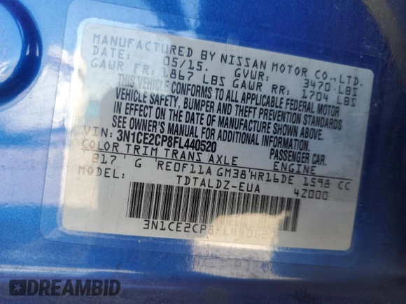 2015 Nissan Note SV with VIN 3N1CE2CP8FL440520, listed as a Copart auction lot 63129885 with 74,863 mi miles and Salvage title. Bid and sale history available at DreamBid. Image 12.