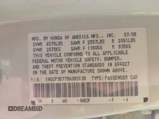 2008 Honda Accord EX with VIN 1HGCP36778A083139, listed as a IAAI auction lot 41709197 with 203,891 mi miles and . Bid and sale history available at DreamBid. Image 9.