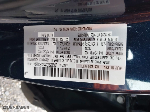 2019 Mazda CX-9 Touring with VIN JM3TCBCY4K0329506, listed as a IAAI auction lot 41800492 with 67,052 mi miles. Bid and sale history available at carsss.com. Image 9.