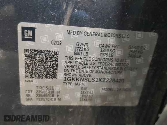 2019 GMC Acadia SLE with VIN 1GKKNSLS1KZ228420, listed as a Copart auction lot 86286464 with 52,983 mi miles and Salvage Title. Bid and sale history available at DreamBid. Image 15.