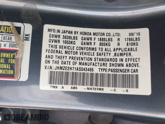 2010 Honda Insight EX with VIN JHMZE2H71AS043465, listed as a IAAI auction lot 42312556 with 151,009 mi miles and . Bid and sale history available at DreamBid. Image 9.