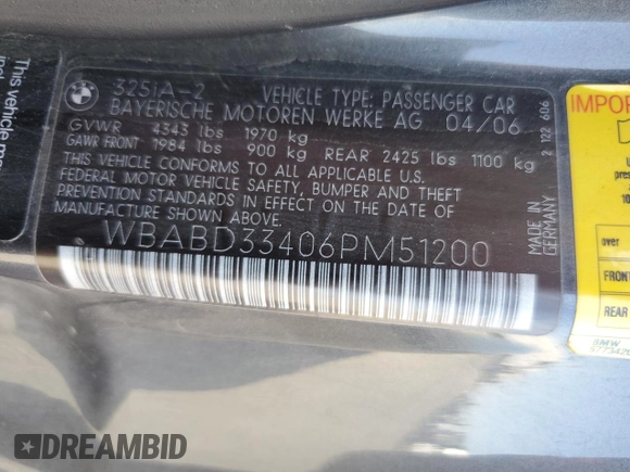 2006 BMW 3 Series 325Ci with VIN WBABD33406PM51200, listed as a Copart auction lot 71806144 with 121,350 mi miles and Salvage Title. Bid and sale history available at carsss.com. Image 14.