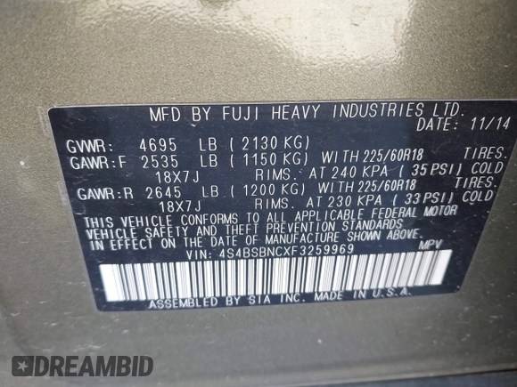 2015 Subaru Outback Limited with VIN 4S4BSBNCXF3259969, listed as a IAAI auction lot 41872999 with 144,442 mi miles and . Bid and sale history available at DreamBid. Image 9.
