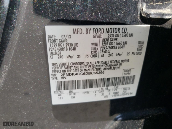 2013 Ford Edge SE with VIN 2FMDK4GC6DBC65296, listed as a Copart auction lot 48854245 with 138,839 mi miles and Salvage Title. Bid and sale history available at carsss.com. Image 14.