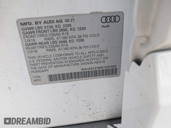 2022 Audi Q3 S line Premium Plus with VIN WA1EECF38N1031860, listed as a IAAI auction lot 42345075 with 27,171 mi miles and . Bid and sale history available at DreamBid. Image 9.