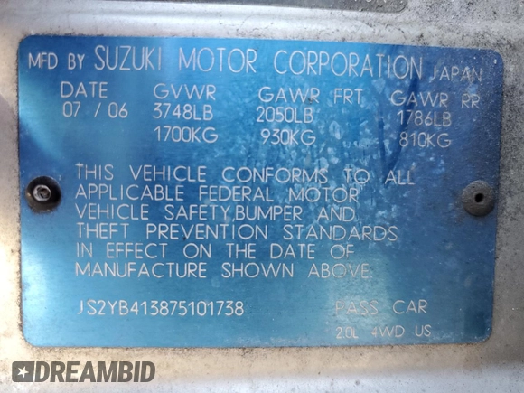 2007 Suzuki SX4 with VIN JS2YB413875101738, listed as a Copart auction lot 74173834 with 99,091 mi miles and Salvage Title. Bid and sale history available at carsss.com. Image 12.