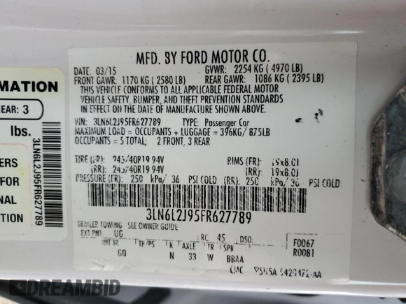 2015 Lincoln MKZ with VIN 3LN6L2J95FR627789, listed as a Copart auction lot 83852264 with 108,790 mi miles and Salvage title. Bid and sale history available at DreamBid. Image 13.