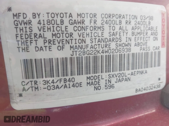 1998 Toyota Camry LE z VIN JT2BG22K4W0206938, wystawiony jako IAAI lot #42283640 z przebiegiem 153 365 mil mil oraz . Historia ofert i sprzedaży dostępna na DreamBid. Obrazek 9.