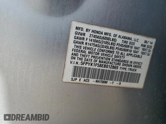 2014 Honda Ridgeline RTL with VIN 5FPYK1F58EB012869, listed as a Copart auction lot 51854995 with 318,950 mi miles and Salvage title. Bid and sale history available at DreamBid. Image 12.