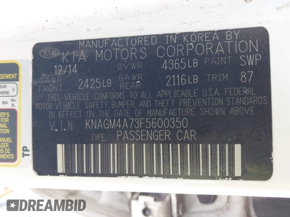 2015 Kia Optima LX with VIN KNAGM4A73F5600350, listed as a IAAI auction lot 41811976 with 154,924 mi miles. Bid and sale history available at carsss.com. Image 9.