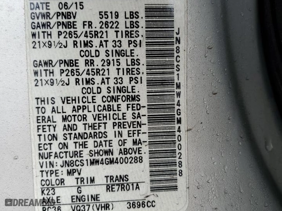 2016 Infiniti QX70 with VIN JN8CS1MW4GM400288, listed as a Copart auction lot 51423095 with 115,733 mi miles and Salvage Title. Bid and sale history available at carsss.com. Image 14.