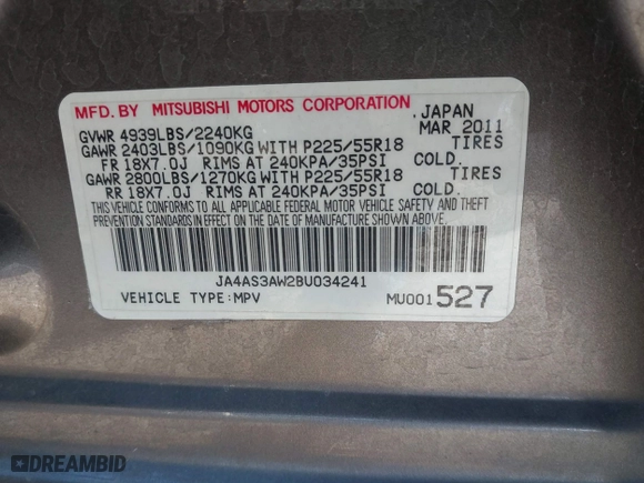 2011 Mitsubishi Outlander SE with VIN JA4AS3AW2BU034241, listed as a IAAI auction lot 41458396 with 100,024 mi miles. Bid and sale history available at carsss.com. Image 9.