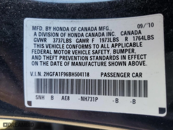 2011 Honda Civic Sdn EX-L with VIN 2HGFA1F96BH504118, listed as a Copart auction lot 44194695 with 173,660 mi miles and Salvage Title. Bid and sale history available at carsss.com. Image 12.