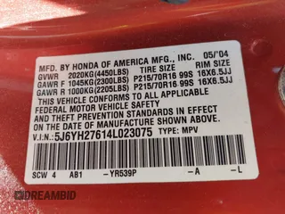 2004 Honda Element EX with VIN 5J6YH27614L023075, listed as a IAAI auction lot 42752668 with 259,725 mi miles and . Bid and sale history available at DreamBid. Image 9.