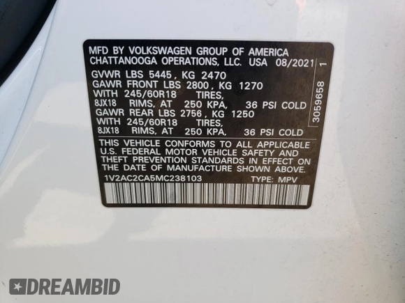 2021 Volkswagen Atlas S with VIN 1V2AC2CA5MC238103, listed as a Copart auction lot 71294704 with 35,543 mi miles and Salvage title. Bid and sale history available at DreamBid. Image 13.