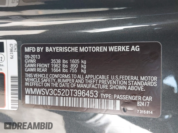 2013 MINI Hardtop S with VIN WMWSV3C52DT396453, listed as a IAAI auction lot 42583892 with 143,190 mi miles and . Bid and sale history available at DreamBid. Image 9.