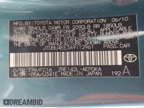 2010 Toyota Corolla with VIN JTDBU4EE3A9112961, listed as a Copart auction lot 58433355 with 115,032 mi miles and Salvage title. Bid and sale history available at DreamBid. Image 13.