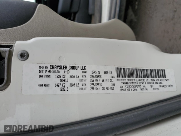 2013 Ram Cargo Van Tradesman with VIN 2C4JRGAGXDR757787, listed as a Copart auction lot 79821354 with 201,628 mi miles and Salvage Title. Bid and sale history available at carsss.com. Image 15.