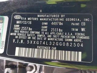 2016 Kia Optima LX with VIN 5XXGT4L32GG082504, listed as a IAAI auction lot 42790104 with 132,032 mi miles and . Bid and sale history available at DreamBid. Image 9.
