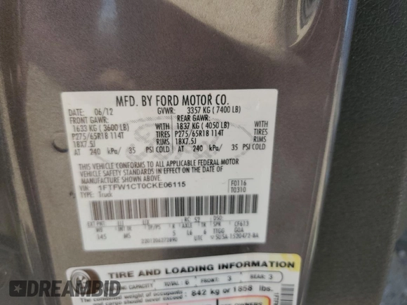 2012 Ford F-150 XL with VIN 1FTFW1CT0CKE06115, listed as a Copart auction lot 49983795 with 151,928 mi miles and Salvage Title. Bid and sale history available at carsss.com. Image 12.