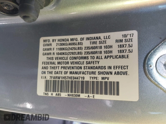 2017 Honda CR-V EX with VIN 7FARW1H57HE044719, listed as a IAAI auction lot 41028583 with 109,885 mi miles. Bid and sale history available at carsss.com. Image 9.