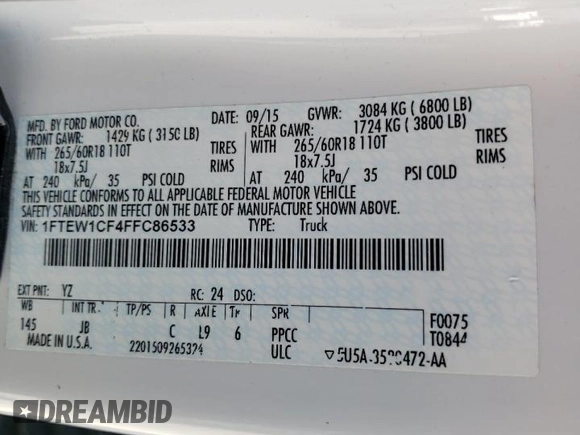 2015 Ford F-150 XL с VIN 1FTEW1CF4FFC86533, выставлен на аукционе Copart как лот 62215525 с пробегом 111 323 миль миль и Списание • Salvage title. История ставок и продаж доступна на DreamBid. Изображение 12.