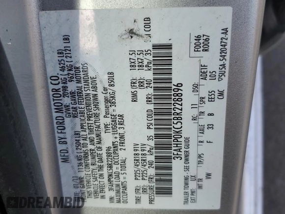 2011 Ford Fusion SPORT with VIN 3FAHP0KC5BR228896, listed as a Copart auction lot 50044725 with 47,049 mi miles and Salvage Title. Bid and sale history available at carsss.com. Image 12.