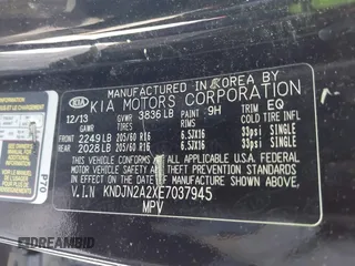 2014 Kia Soul with VIN KNDJN2A2XE7037945, listed as a IAAI auction lot 41777905 with 104,005 mi miles. Bid and sale history available at carsss.com. Image 9.