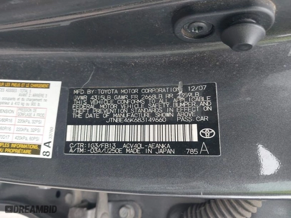 2008 Toyota Camry LE with VIN JTNBE46K683149660, listed as a IAAI auction lot 41874791 with 185,028 mi miles. Bid and sale history available at carsss.com. Image 9.