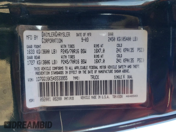 2004 Dodge Dakota with VIN 1D7GG16K54S533955, listed as a Copart auction lot 78541994 with 269,074 mi miles and Clean Title. Bid and sale history available at DreamBid. Image 14.