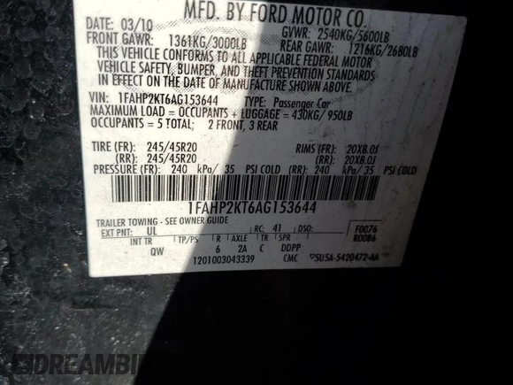 2010 Ford Taurus SHO with VIN 1FAHP2KT6AG153644, listed as a Copart auction lot 42952425 with 124,928 mi miles and Salvage title. Bid and sale history available at DreamBid. Image 14.